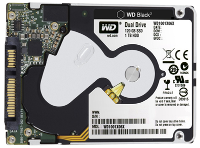 Bild: Von WD Website: WD Western Digital Black² SSD Dual Festplatte Drive mit 120GB SSD und 1TB HDD kombiniert - Unterseiten Ansicht.