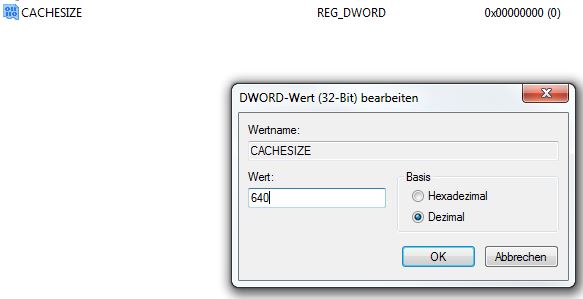 Word im Netzwerk sehr langsam (auch Excel). Hier ein Screenie, wei es in der Registry nach der Änderung aussehen sollte... Das Eigenschaftsfenster des CACHESIZE-Eintrags.