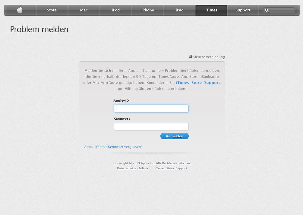 Als erstes geht man, wie erwähnt, auf www.reportaproblem.apple.com gehen und sich dann mit seiner Apple-ID einloggen.