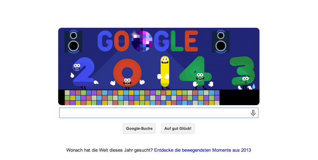 Google Doodle Neujahr 2014 (01.01.2014). EIn einfacher Zahlentausch macht den Banner 2014-tauglich =)