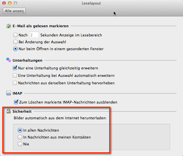 Outlook für Mac Bilder herunterladen deaktivieren. Sicherheitseinstellungen Bilder herunterladen in den Einstellungen im Leselayout im Feld Sicherheit