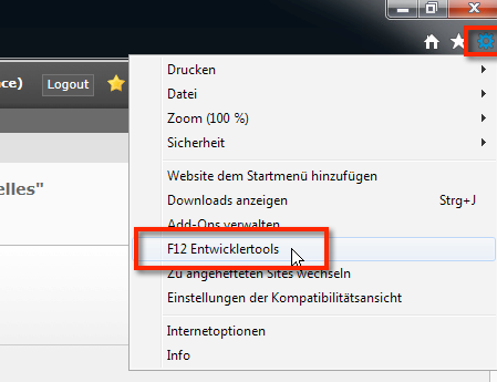 Um den Kompatibilitätsmodus im Internet Explorer 11 einzustellen müsst Ihr rechts oben auf das Zahnrad klicken, anschliessend auf  "F12 Entwicklertools"