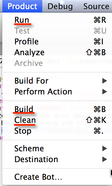 Wenn Ihr den Simluator resettet habt geht bitte in der Xcode-Menüleiste auf Product. Hier dann bitte auf Clean, dann Build und zum Schluss Run.