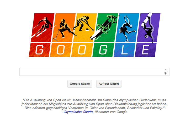 Google Doodle gegen Homophobie in der in Sotschi stattfindenden Olympiade 2014. Putin: Russland will sich an die Charta halten.