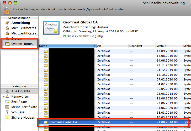 Die Mac OS X Schlüsselbundverwaltung nach dem Import des GMX SSL Zertifikats GeoTrust Global CA