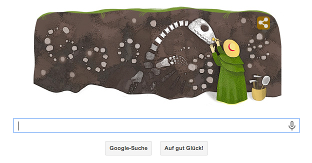 Ein schöner Google Doodle zu Mary Annings 215. Geburtstag. Sie war eine der ersten Paläontologinnen und wird deshalb mit diesem Doodle geehrt