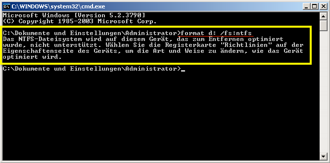 USB Festplatte in NTFS formatieren funktioniert nicht. Hier der Versuch ueber die CMD mit dem Befehl FORMAT