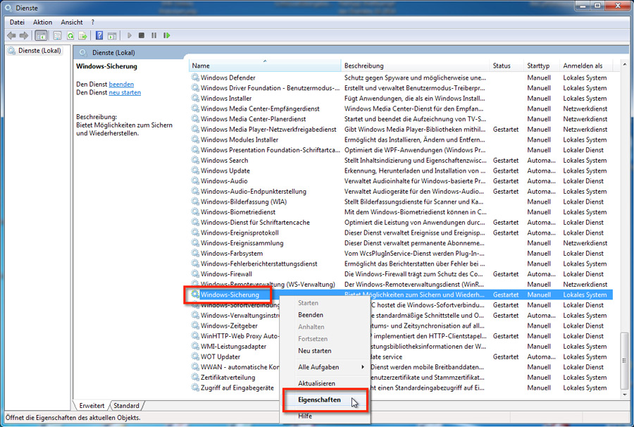 Windows 7 Datensicherung deaktivieren oder Backup ausschalten geht in den Diensten