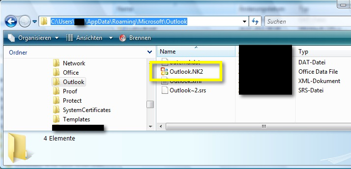 NK2 Import Outlook 2010 und 2013 - So schaut das Verzeichnis aus, indem unter Windows 7 die Datei liegt