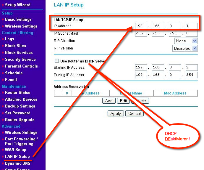 Router an Fritzbox - Im LAN IP Setup muss die IP-Adresse des Routers ans Netzwerk angepasst werden