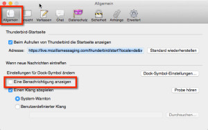 Thunderbird E-Mail Benachrichtigung abschalten - Hier siehst du die Optionen von Thunderbird, Registerkarte Allgemein in Mac OS X
