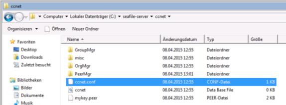 Dropbox Alternative Seafile Server einrichten - Hier sehen wir die Dateien ccnet und conf.conf