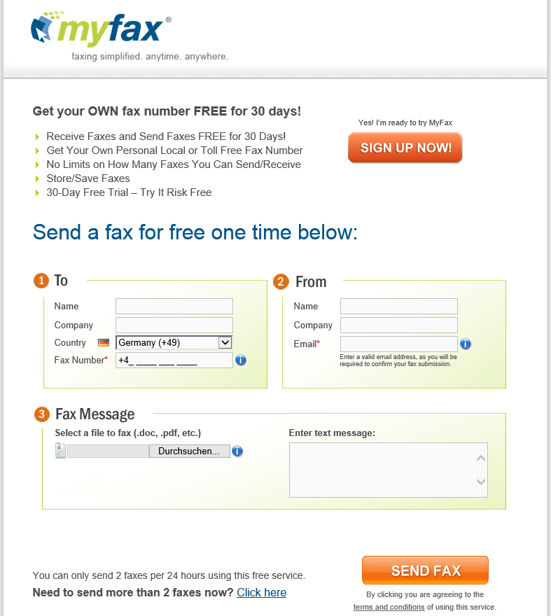 Fax online kostenlos via myfax. Der Dienst lässt einen über ein schlichtes, gut erkennbares Fromular zweimal täglich Faxe kostenlos versenden
