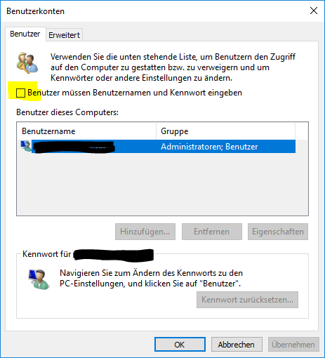In den Benutzerkonten könnt Ihr das Kennwort für die Windows 10-Anmeldung entfernen