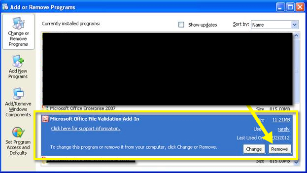 Office sehr langsam im Netzwerk - Hier seht ihr unter Windows XP, wie das Office File Validation Add-In im Bereich Software ausschaut! Deinstalliert es einfach