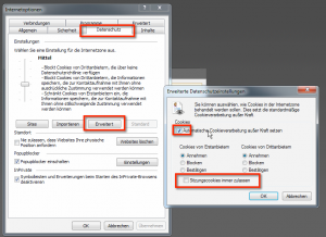 Optionsfenster für das Cookie-Handling im Bereich "Erweitert" in den Datenschutzeinstellungen in den Internetoptionen des Internet Explorer 11
