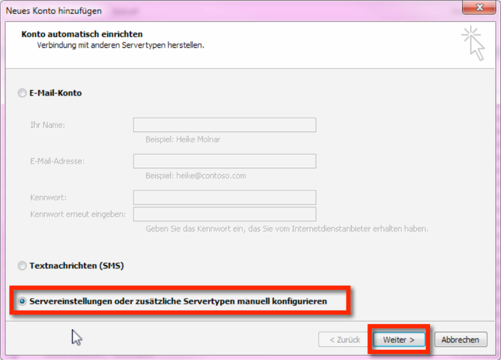 Outlook GMX Einstellungen SSL: Ihr wählt nun die manuelle Konfiguration aus und klickt auf "Weiter"