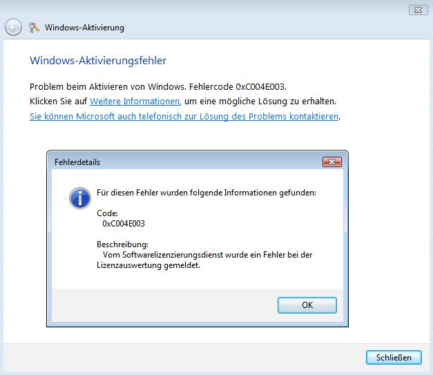 Windows Aktivierung Fehlercode 0xC004E003, Problemlösung zur Windows Aktivierung