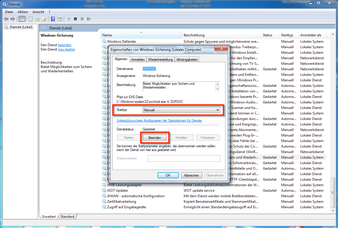 Windows 7 Datensicherung deaktivieren. Im Dienst Windows-Sicherung müsst Ihr den Dienst Beenden und auf Manuel stellen