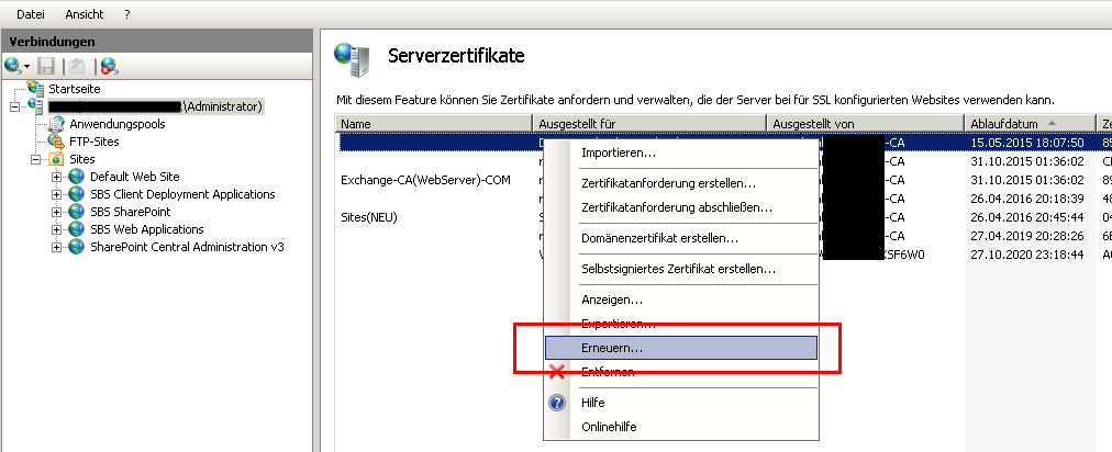 Exchange Server Zertifikat abgelaufen mit der Fehlermeldung in Outlook - Hier das Fenster Serverzertifikate mit Kontektmenü