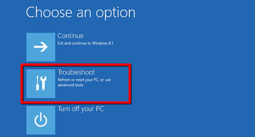 Wer das Passwort vergessen hat muss wie im Bild zu sehen über die Windows 8.1 Troubleshoot-Funktion gehen