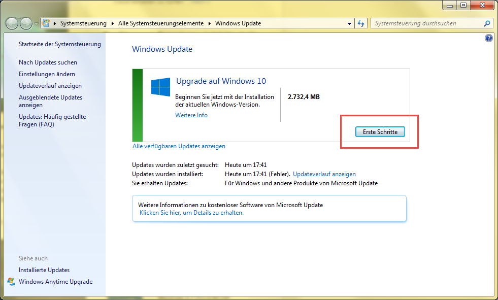 Windows 10 in Bearbeitung - Hier dann auf Erste Schritte klicken