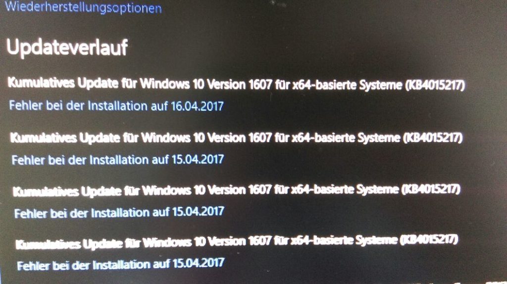 Installationsprobleme bei KB4015217- Build1607 - Fehler mit Wiederherstellungsoptionen unter Windows 10!