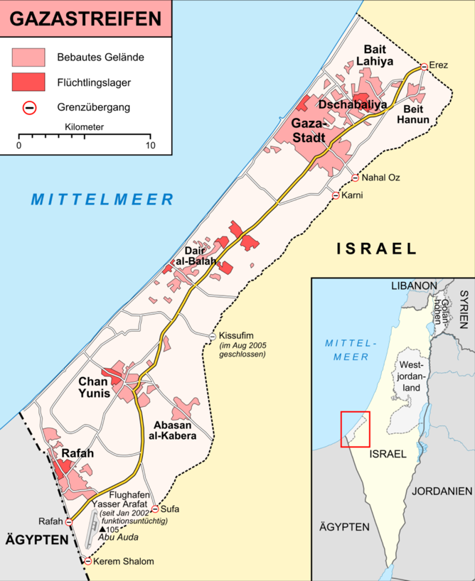 Übersicht des Gaza-Streifens in Israel, zwischen Ägypten und Libanon.